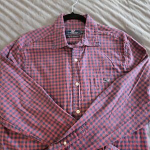Vineyard Vines Men's Red and Blue Checkered Shirt